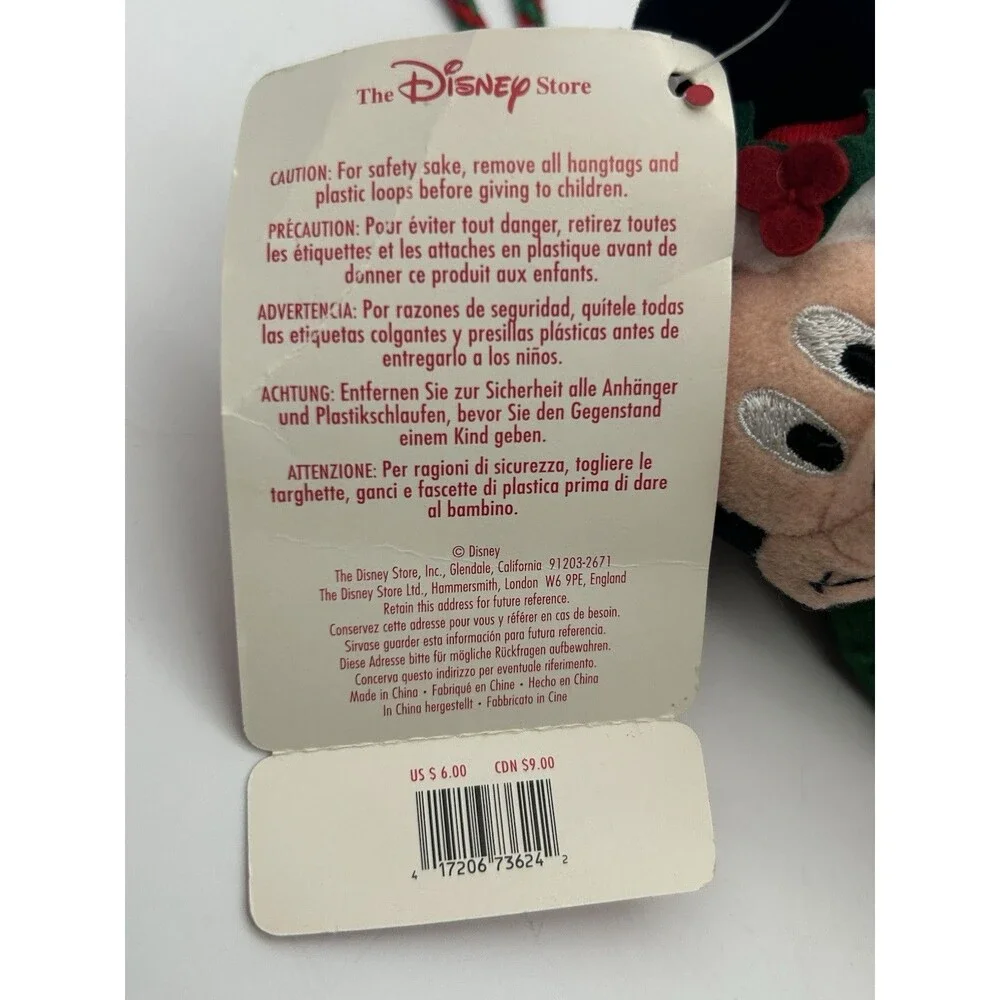 Disney Store Candy Cane Christmas Mickey Mouse Plush Hanging Ornament Vintage